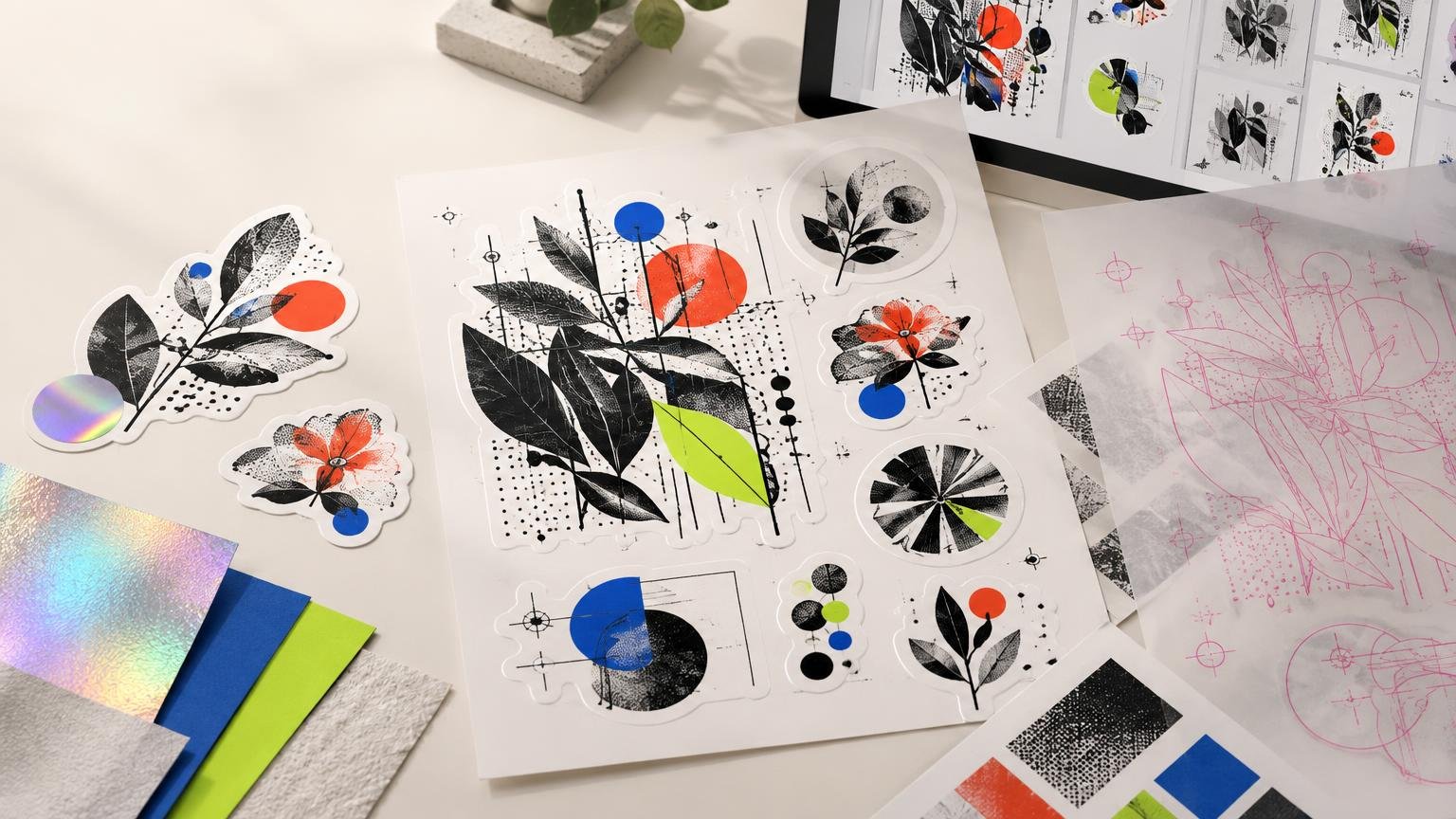 Editorial tabletop composition showing a sheet of detailed botanical and geometric stickers, individual die-cut stickers, colorful paper swatches, holographic material, translucent sketch sheets, and a screen displaying related artwork.