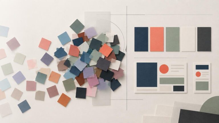 Editorial flat lay showing a scattered pile of many colored paper swatches beside a neatly reduced palette of five vertical swatches and simple layout mockups on an off-white grid.