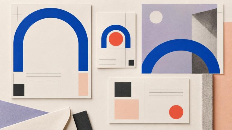 Editorial flat lay of layered paper layout studies featuring repeated cobalt-blue arch shapes, coral circles, black squares, thin placeholder lines, and pastel lavender and peach panels.