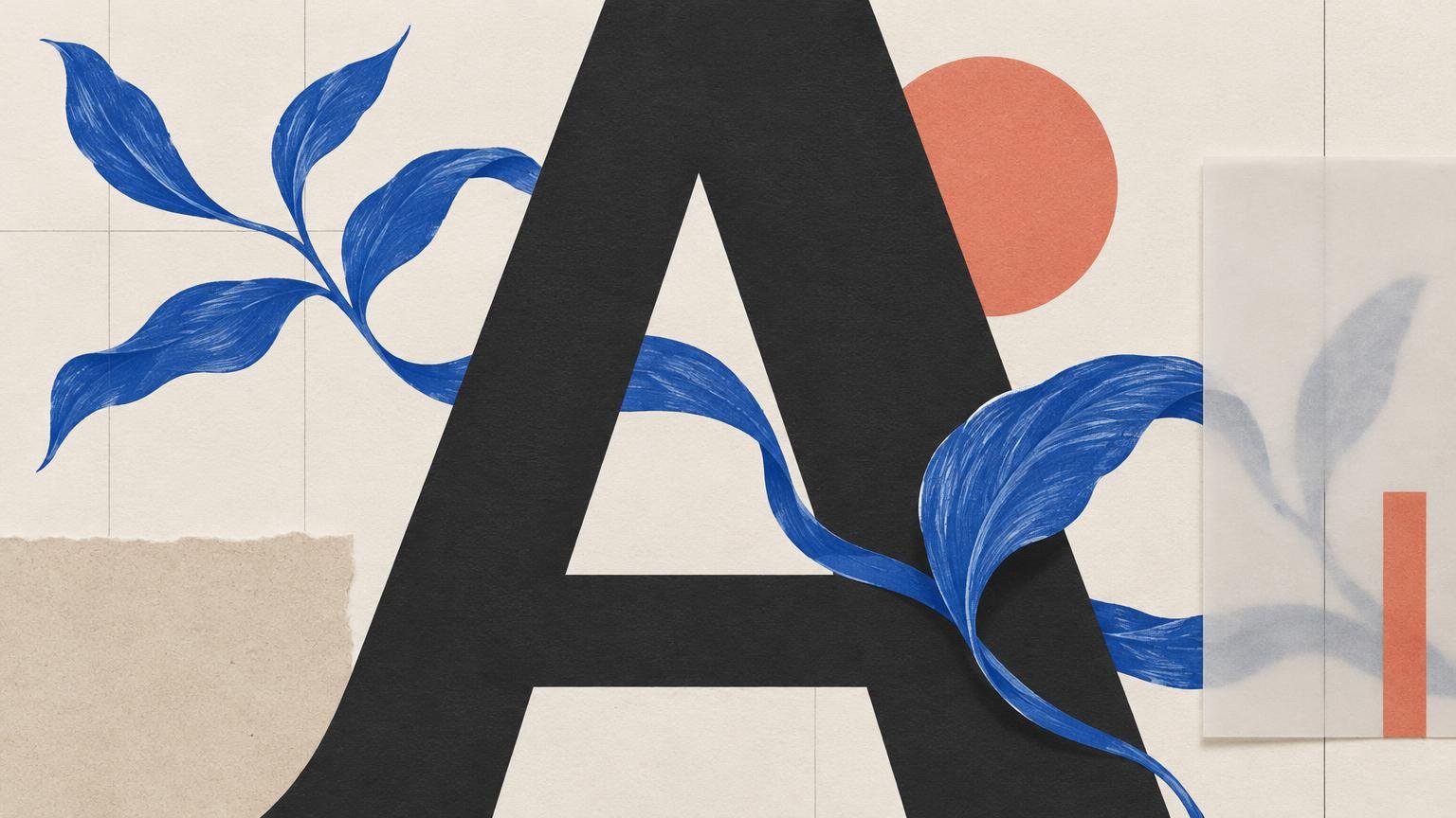 Editorial collage with a large black letter A, flowing blue botanical illustration, coral circle and bar, pale grid lines, and layered textured paper on a cream background.