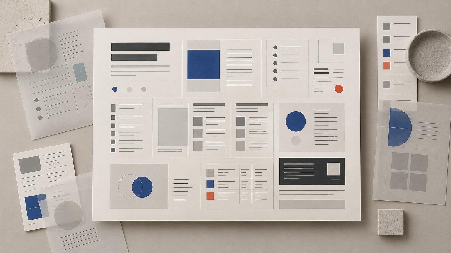 Overhead editorial composition of a large white grid-based page layout surrounded by translucent paper mockups, with blue, gray, black, and orange geometric blocks on a neutral tabletop.