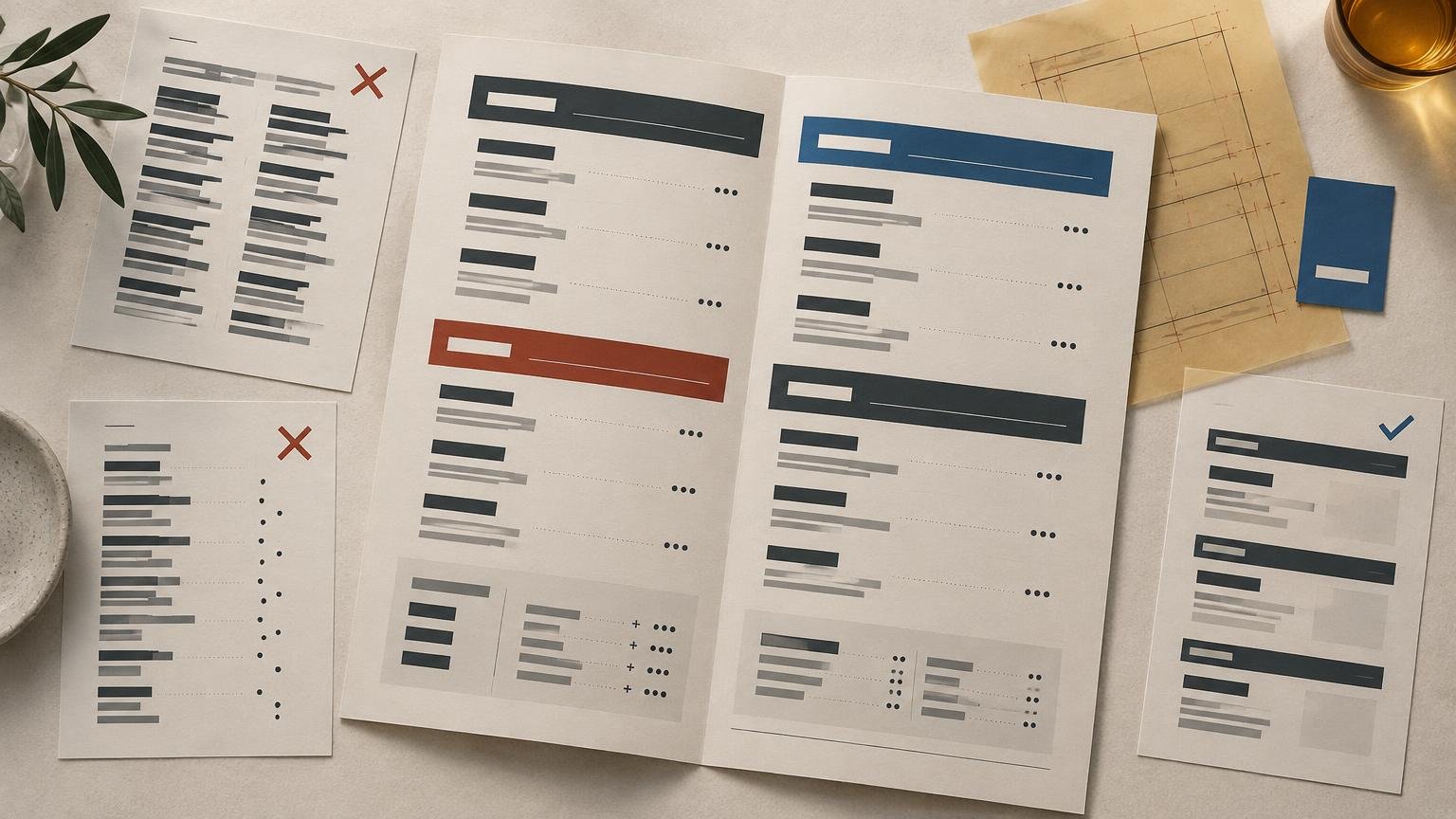 Overhead editorial composition of layered menu-layout mockups on a warm tabletop, comparing dense lists marked with red X symbols and clearer sectioned menus marked with a blue check.