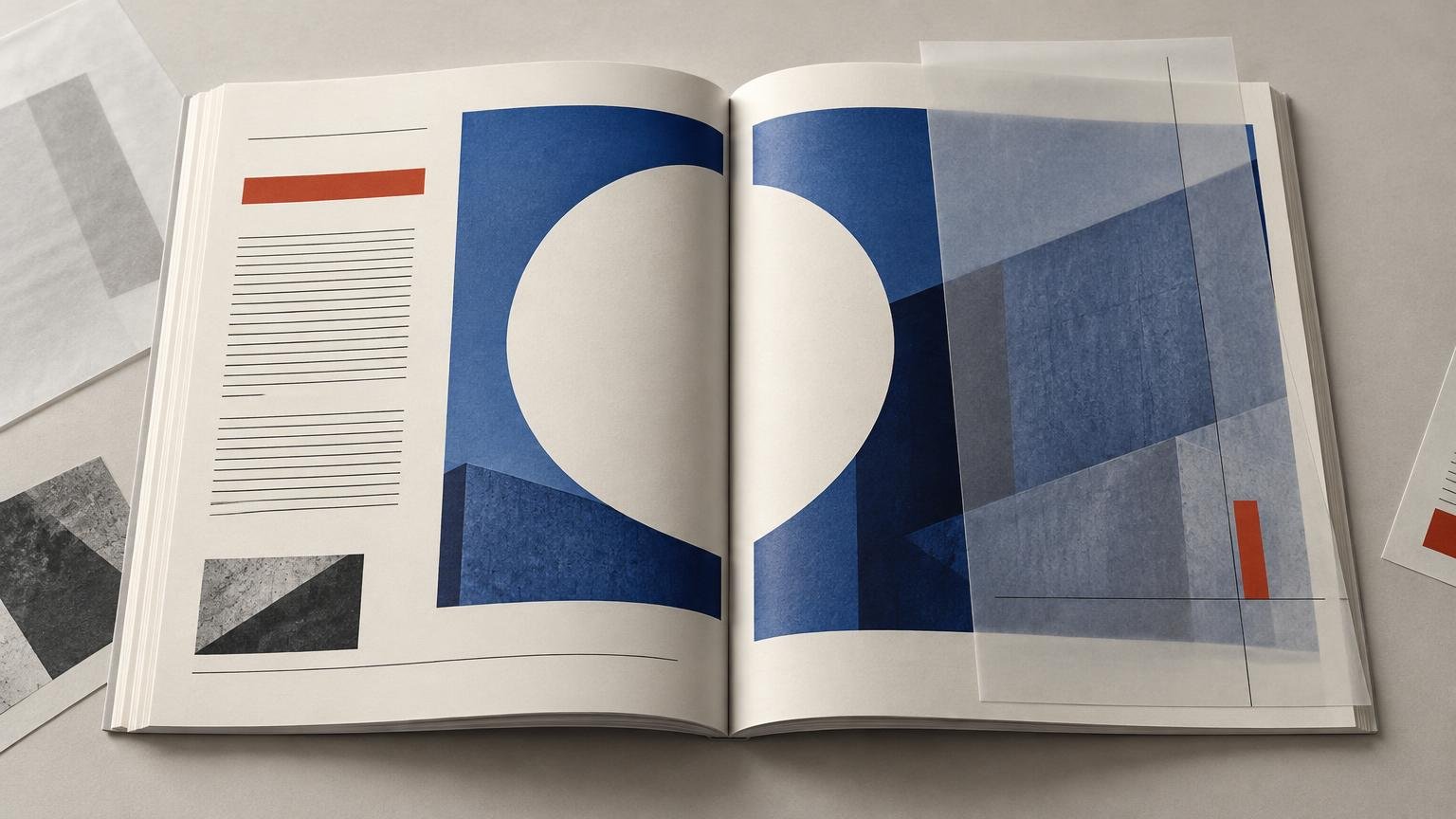 Open booklet spread viewed from above, with blue geometric blocks and a large white circle divided by the center gutter; thin black rules, red accent bars, and translucent layout sheets overlay the right page.