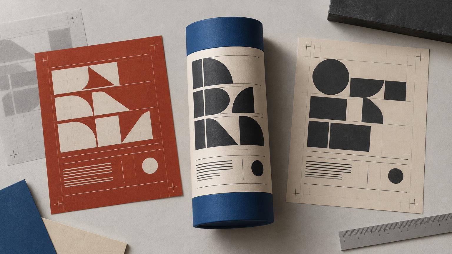 Overhead editorial composition of a blue cylindrical package wrapped in a cream geometric label, flanked by red and cream grid-based label layout studies, paper sheets, and a metal ruler.