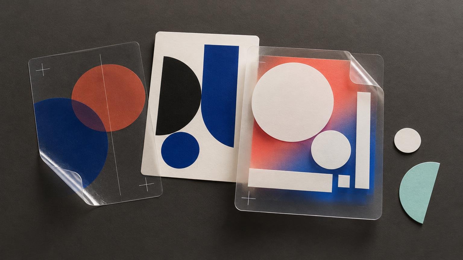 Editorial still life of overlapping clear plastic sheets and a white card with bold red, blue, black, and white geometric shapes on a dark surface.