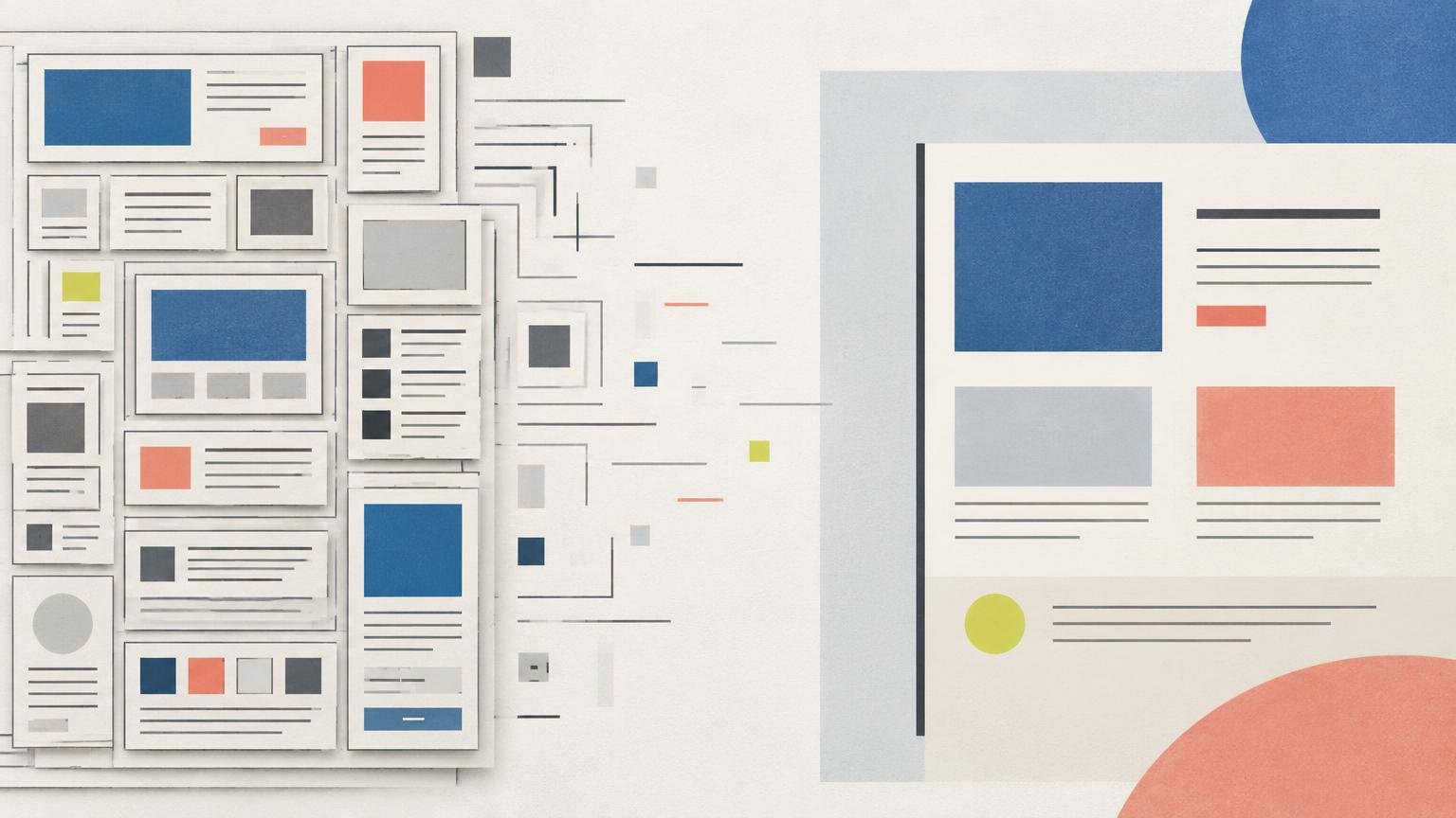 Editorial illustration comparing a dense cluster of overlapping bordered layout cards on the left with a spacious, simplified page layout on the right, using blue, coral, gray, and yellow geometric blocks.