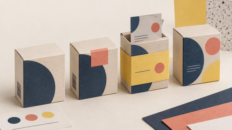 Editorial still life of four kraft-paper product boxes with navy semicircles, coral circles, and mustard paper bands, arranged with color swatches on a cream surface.