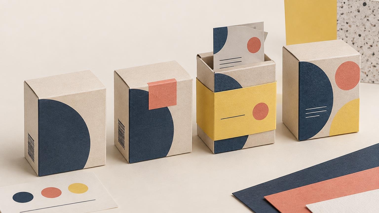 Editorial still life of four kraft-paper product boxes with navy semicircles, coral circles, and mustard paper bands, arranged with color swatches on a cream surface.
