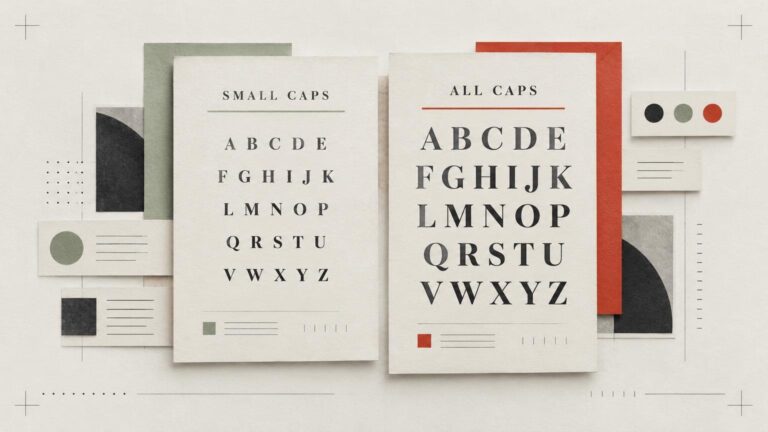 Editorial flat lay of two layered paper typography specimen sheets comparing “SMALL CAPS” and “ALL CAPS,” with alphabet samples, fine rules, muted sage, charcoal, and rust-red geometric accents on an off-white grid background.