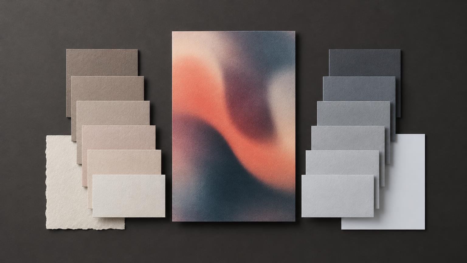 Editorial flat lay of layered warm beige-gray paper swatches on the left and cool blue-gray swatches on the right, framing a tall abstract coral, navy, and cream print on a dark surface.