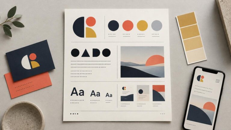 Overhead editorial composition of a one-page brand guide with a geometric logo, color swatches, typography samples, layout mockups, a business card, and a smartphone on a neutral desk.